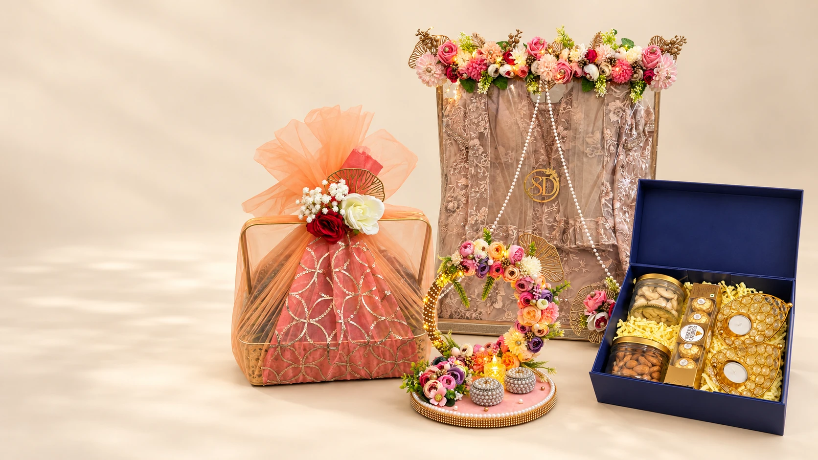 A wrapped fruit basket, a framed trousseau display, a floral ring platter and a navy corporate hamper with dry fruits and diyas