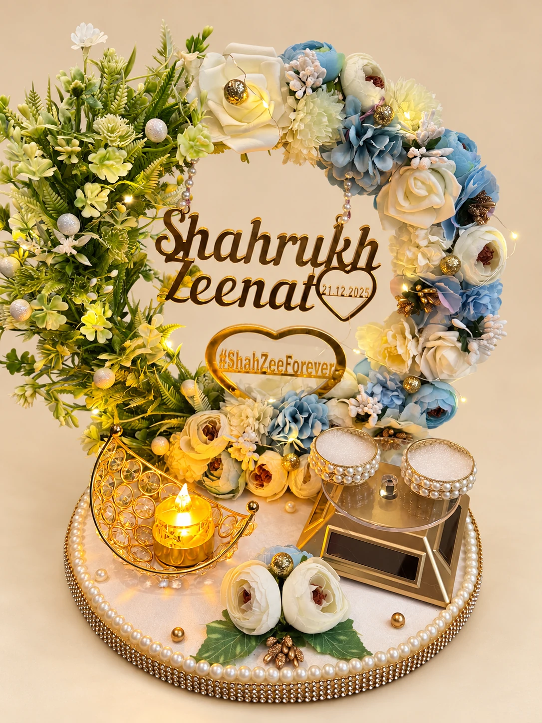 Blue and ivory floral ring platter with a personalised name sign