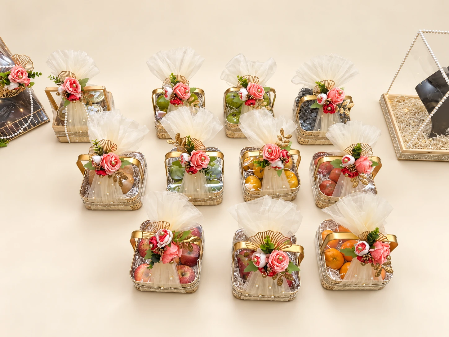 A dozen small fruit baskets wrapped in net with flowers